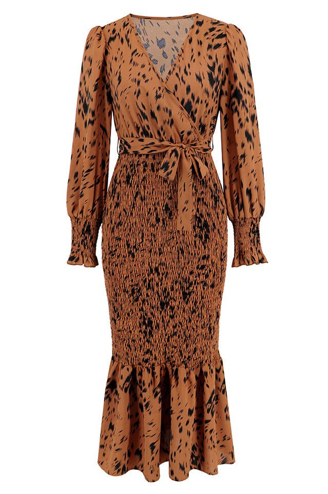 Printed V Neck Smocked Midi Dress - WEUXS