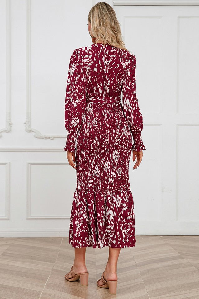 Printed V Neck Smocked Midi Dress - WEUXS