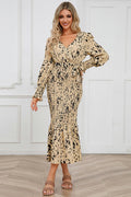 Printed V Neck Smocked Midi Dress - WEUXS