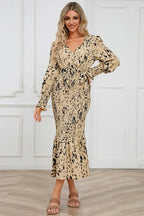 Printed V-Neck Smocked Midi Dress - View 20 | WEUXS