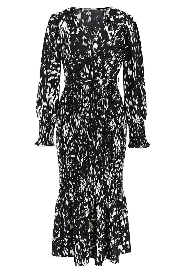 Printed V Neck Smocked Midi Dress - WEUXS