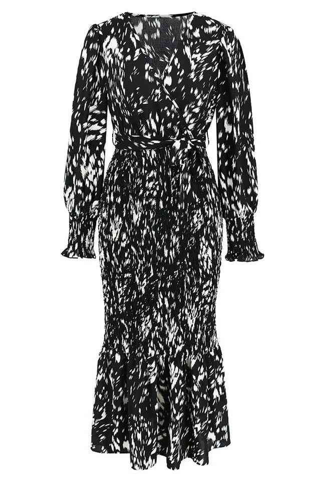 Printed V-Neck Smocked Midi Dress - View 10 | WEUXS