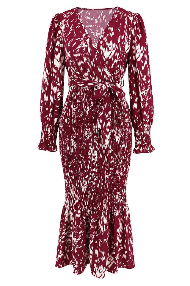 Printed V Neck Smocked Midi Dress - WEUXS