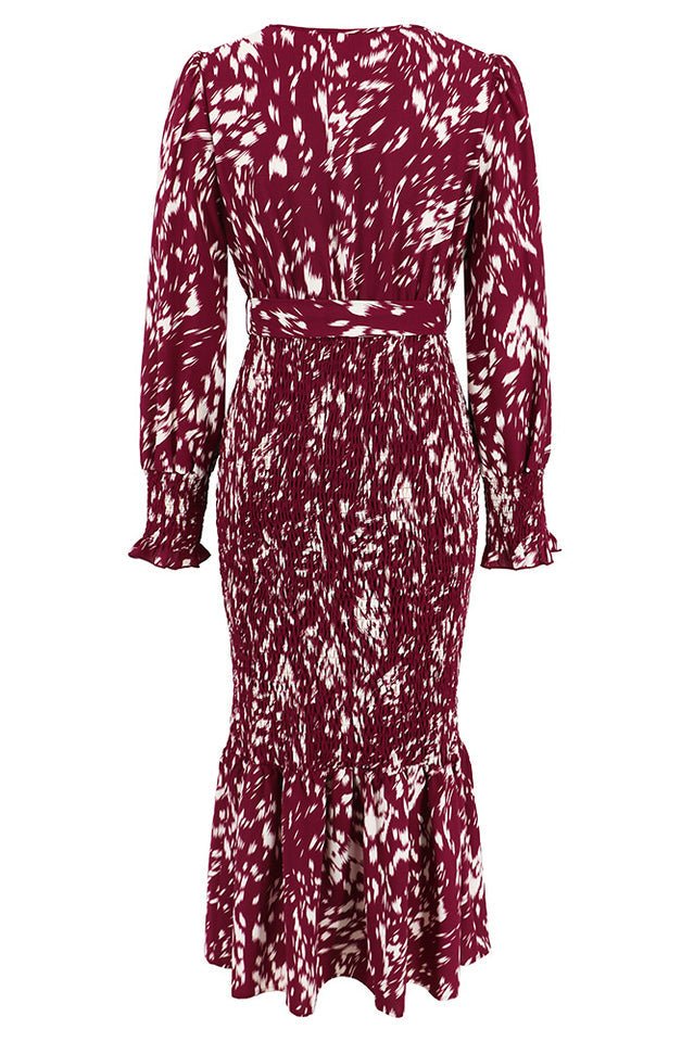 Printed V Neck Smocked Midi Dress - WEUXS