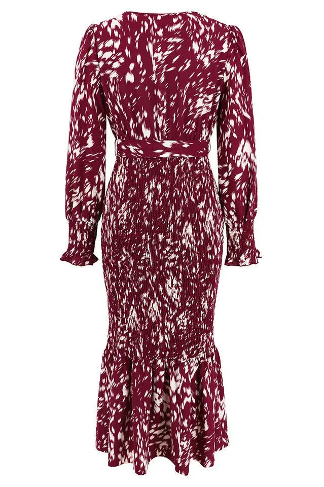 Printed V-Neck Smocked Midi Dress - View 18 | WEUXS