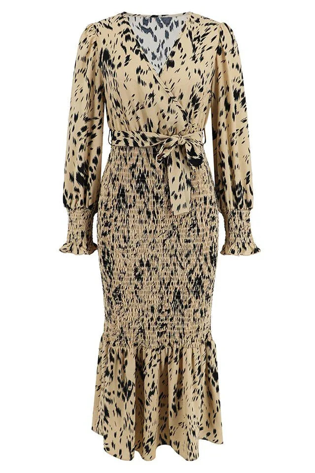 Printed V-Neck Smocked Midi Dress - View 23 | WEUXS