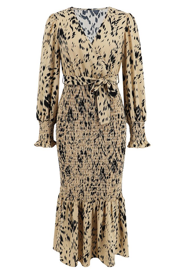 Printed V Neck Smocked Midi Dress - WEUXS