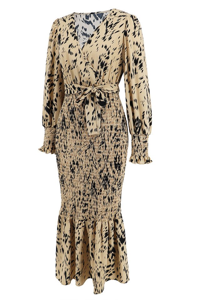 Printed V Neck Smocked Midi Dress - WEUXS