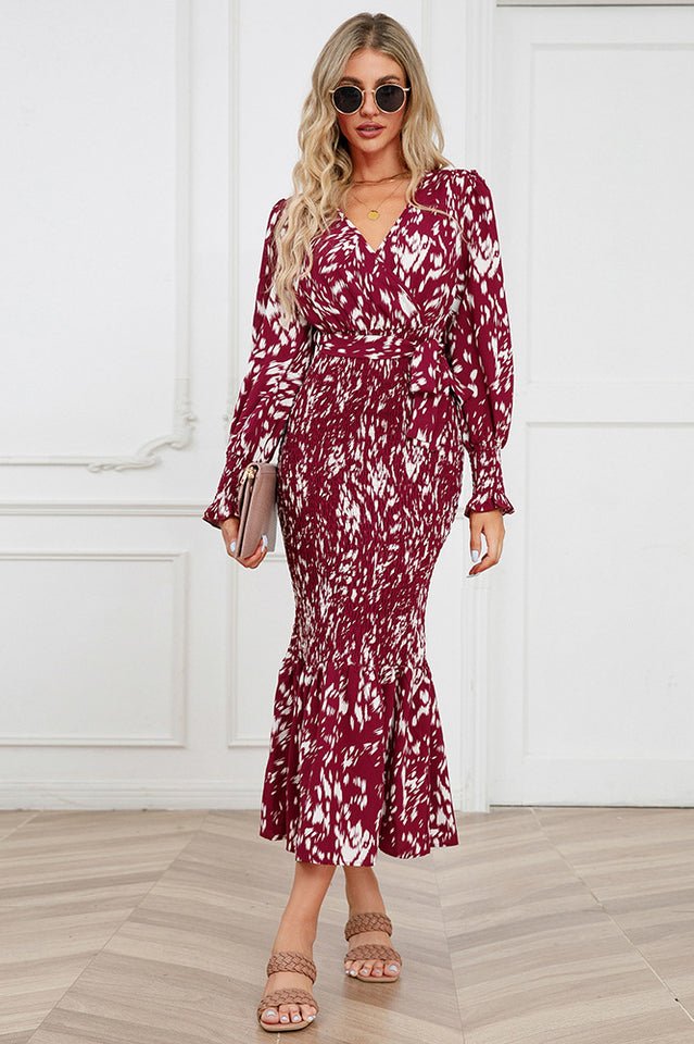 Printed V Neck Smocked Midi Dress - WEUXS