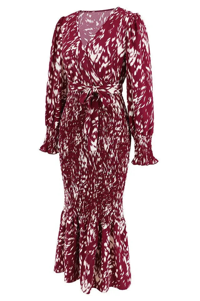Printed V-Neck Smocked Midi Dress - View 17 | WEUXS