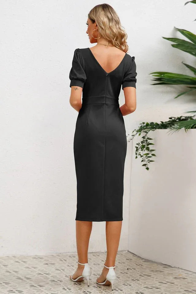 Puff Sleeve Ruffle Slit Bodycon Midi Dress - WEUXS