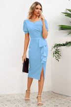 front view of light blue sheath dress with ruffle detail