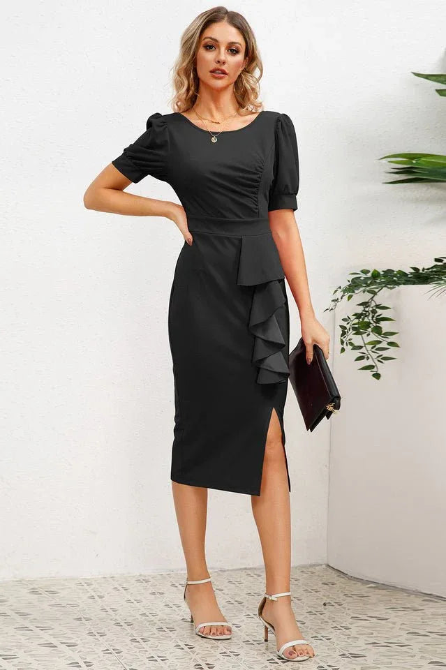 Puff sleeve midi dress with ruffle detail - View 15 | WEUXS