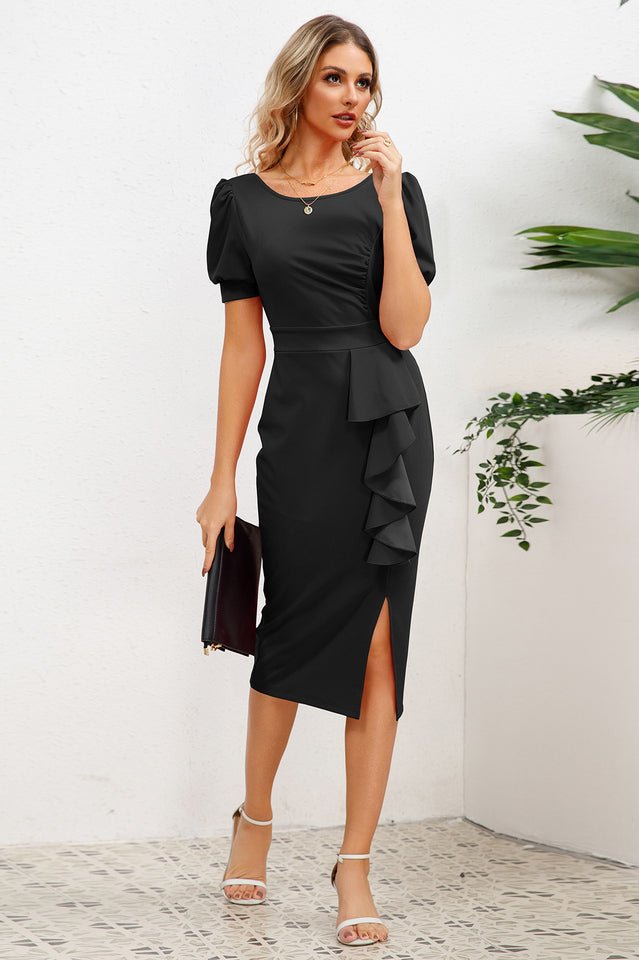 Puff Sleeve Ruffle Slit Bodycon Midi Dress - WEUXS
