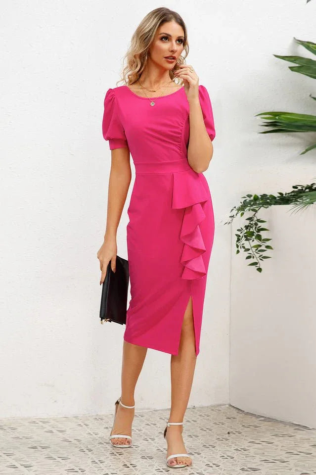 Puff Sleeve Ruffle Slit Bodycon Midi Dress - WEUXS