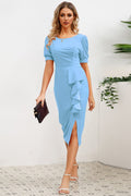 Puff Sleeve Ruffle Slit Bodycon Midi Dress - WEUXS