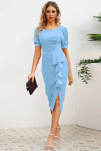 Puff Sleeve Ruffle Slit Bodycon Midi Dress - WEUXS