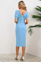 Puff Sleeve Ruffle Slit Bodycon Midi Dress - WEUXS