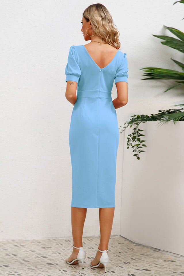 Puff Sleeve Ruffle Slit Bodycon Midi Dress - WEUXS