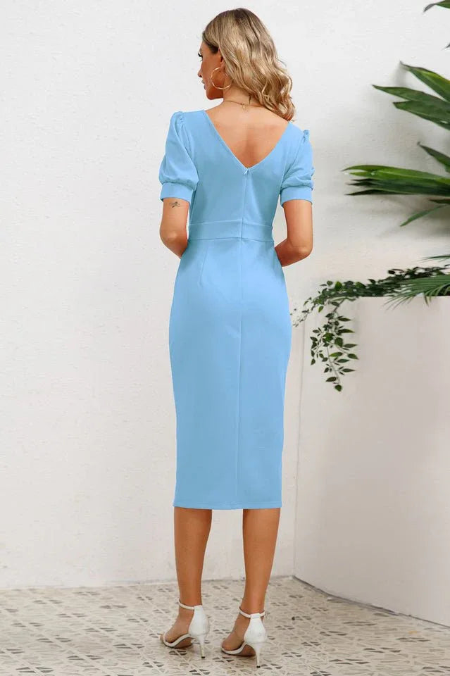 Puff Sleeve Ruffle Slit Bodycon Midi Dress - WEUXS