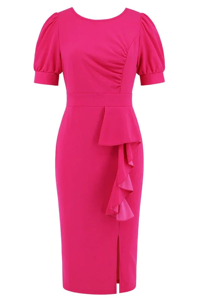 Puff Sleeve Ruffle Slit Bodycon Midi Dress - WEUXS