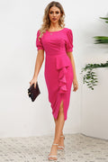 Puff Sleeve Ruffle Slit Bodycon Midi Dress - WEUXS