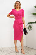 Puff Sleeve Ruffle Slit Bodycon Midi Dress - WEUXS