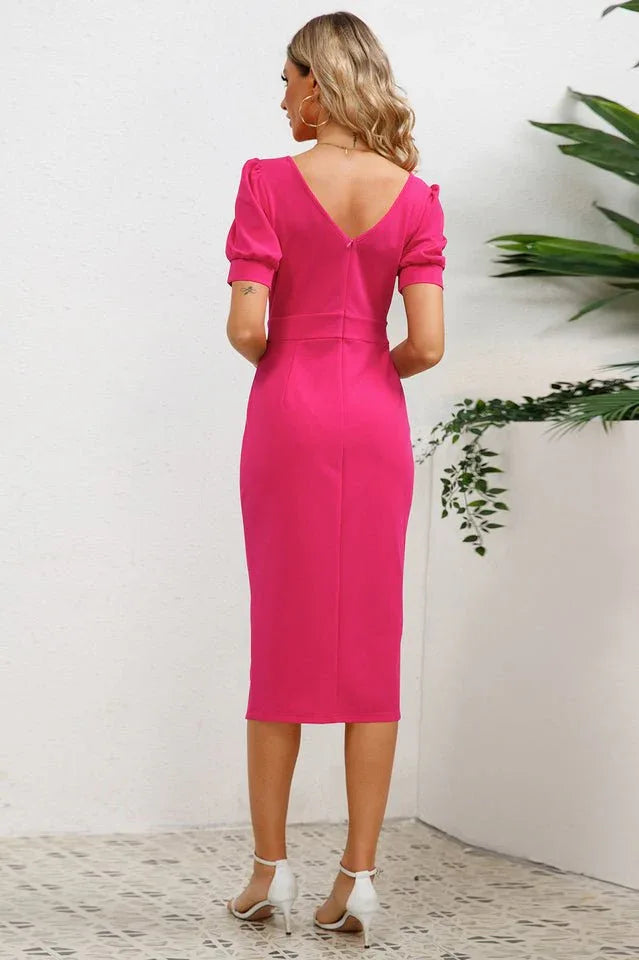 Puff Sleeve Ruffle Slit Bodycon Midi Dress - WEUXS