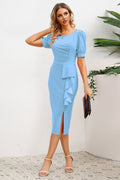 Puff Sleeve Ruffle Slit Bodycon Midi Dress - WEUXS