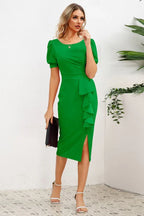 Puff Sleeve Ruffle Slit Bodycon Midi Dress - WEUXS