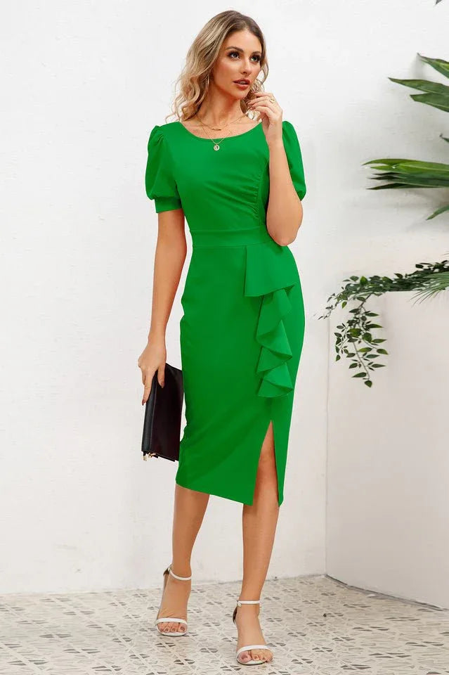 Puff Sleeve Ruffle Slit Bodycon Midi Dress - WEUXS
