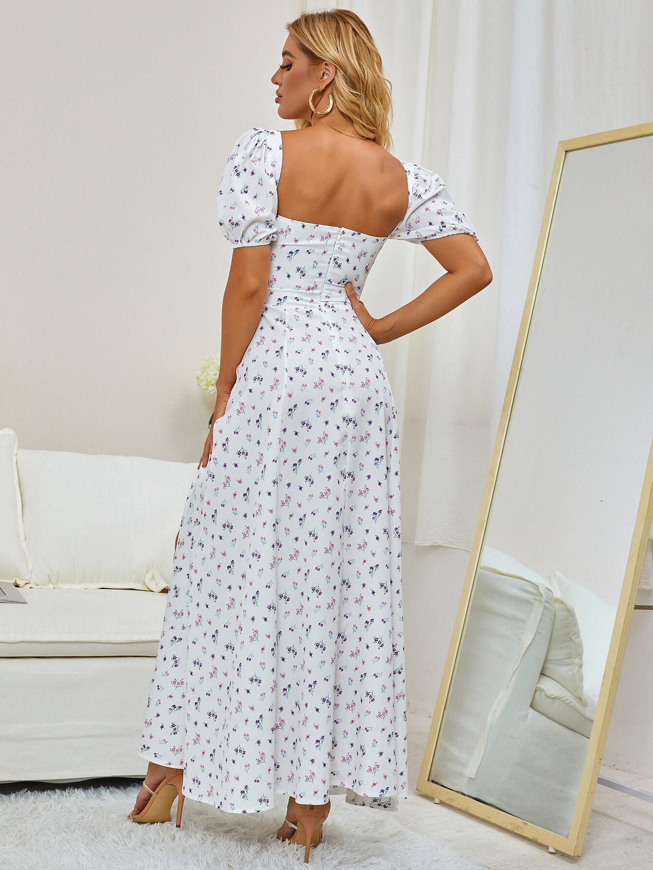 Floral print maxi dress with puff sleeves - View 68 | WEUXS