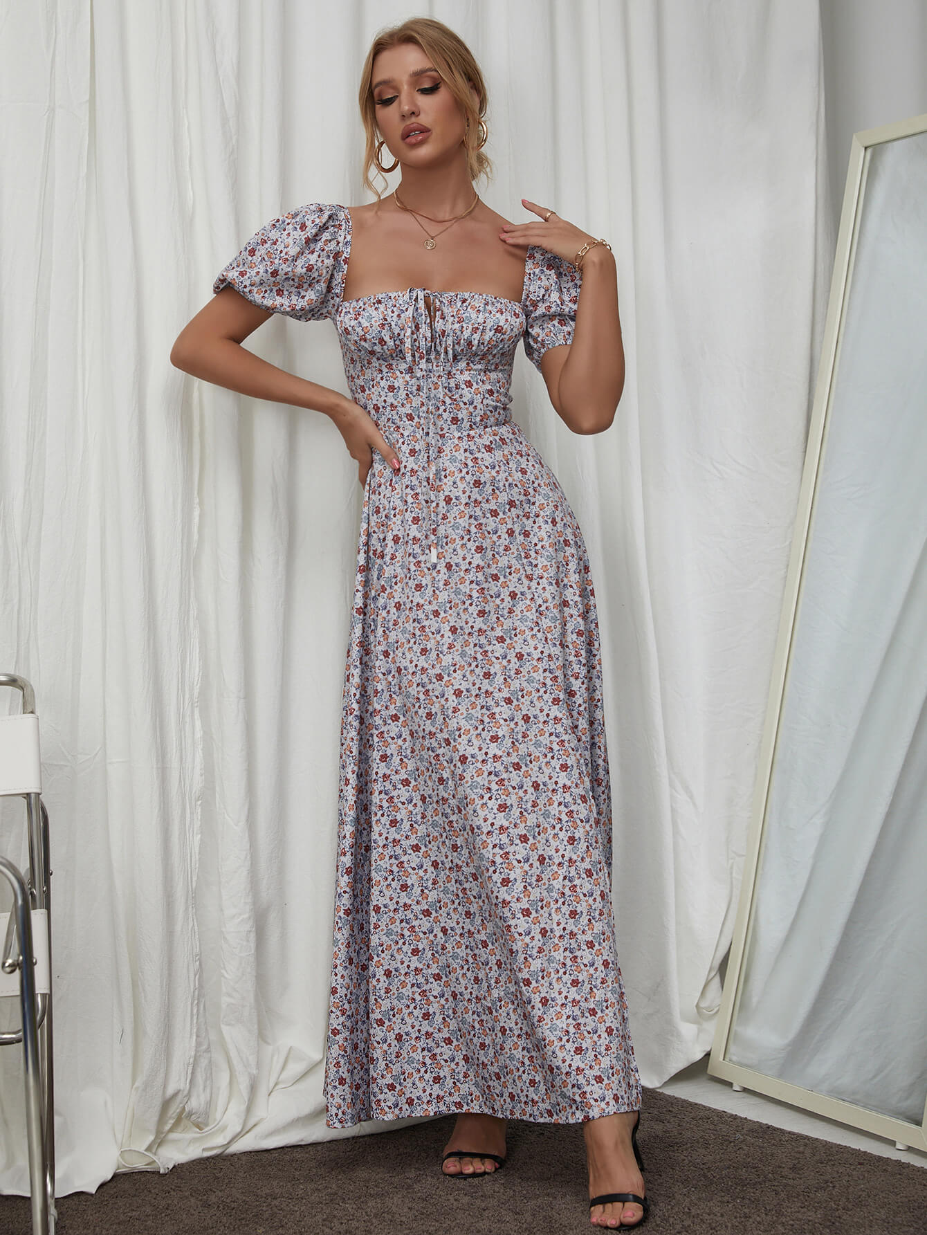 Floral print maxi dress with puff sleeves - View 66 | WEUXS