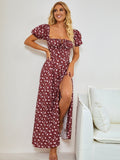     puff sleeve slit long wine red dress#color_wine-red