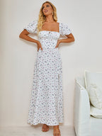     purple flower puff sleeve slit long-dress#color_purple-flower