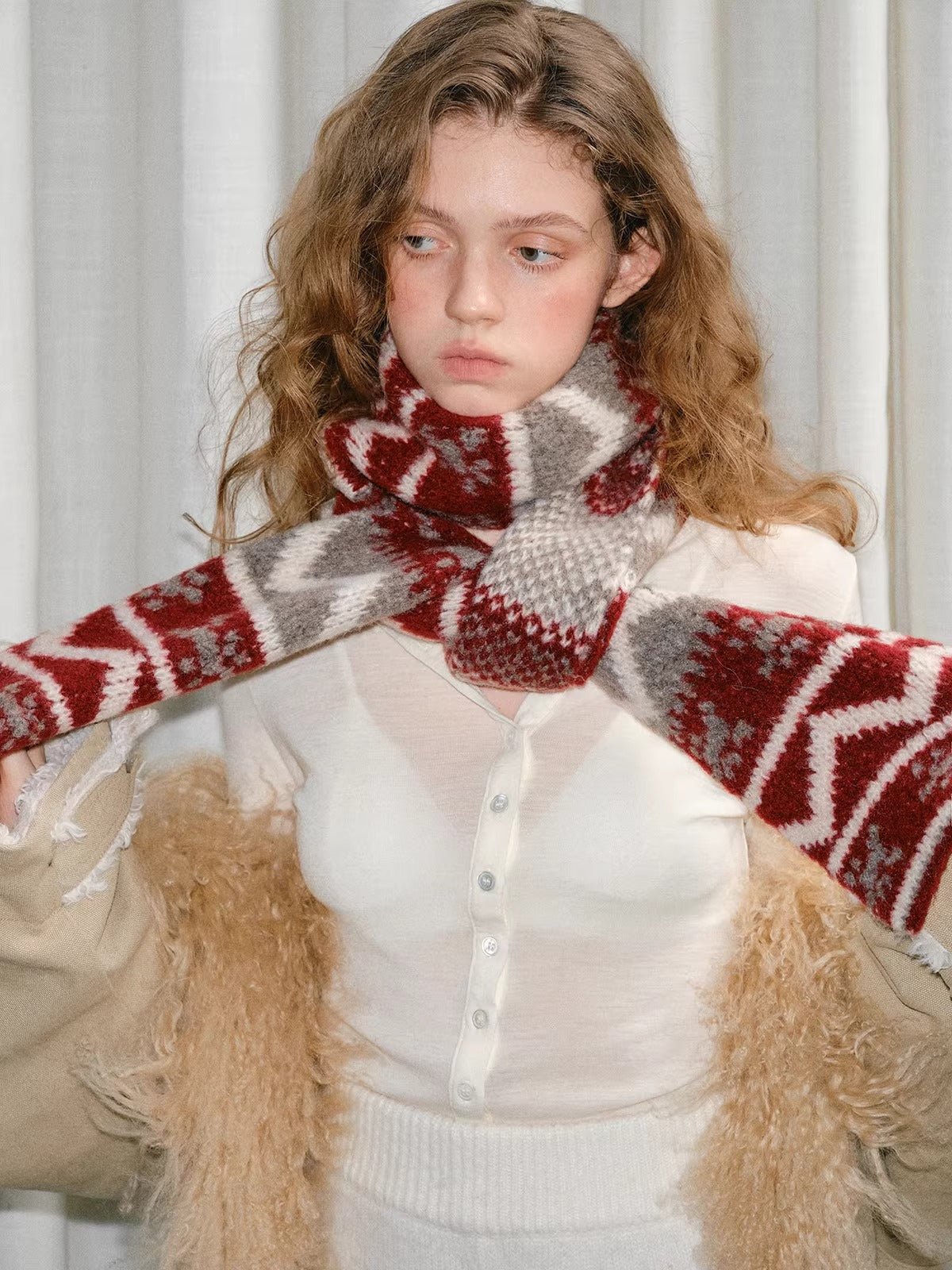 Red Fair Isle Pattern Chunky Knit Holiday Scarf - WEUXS