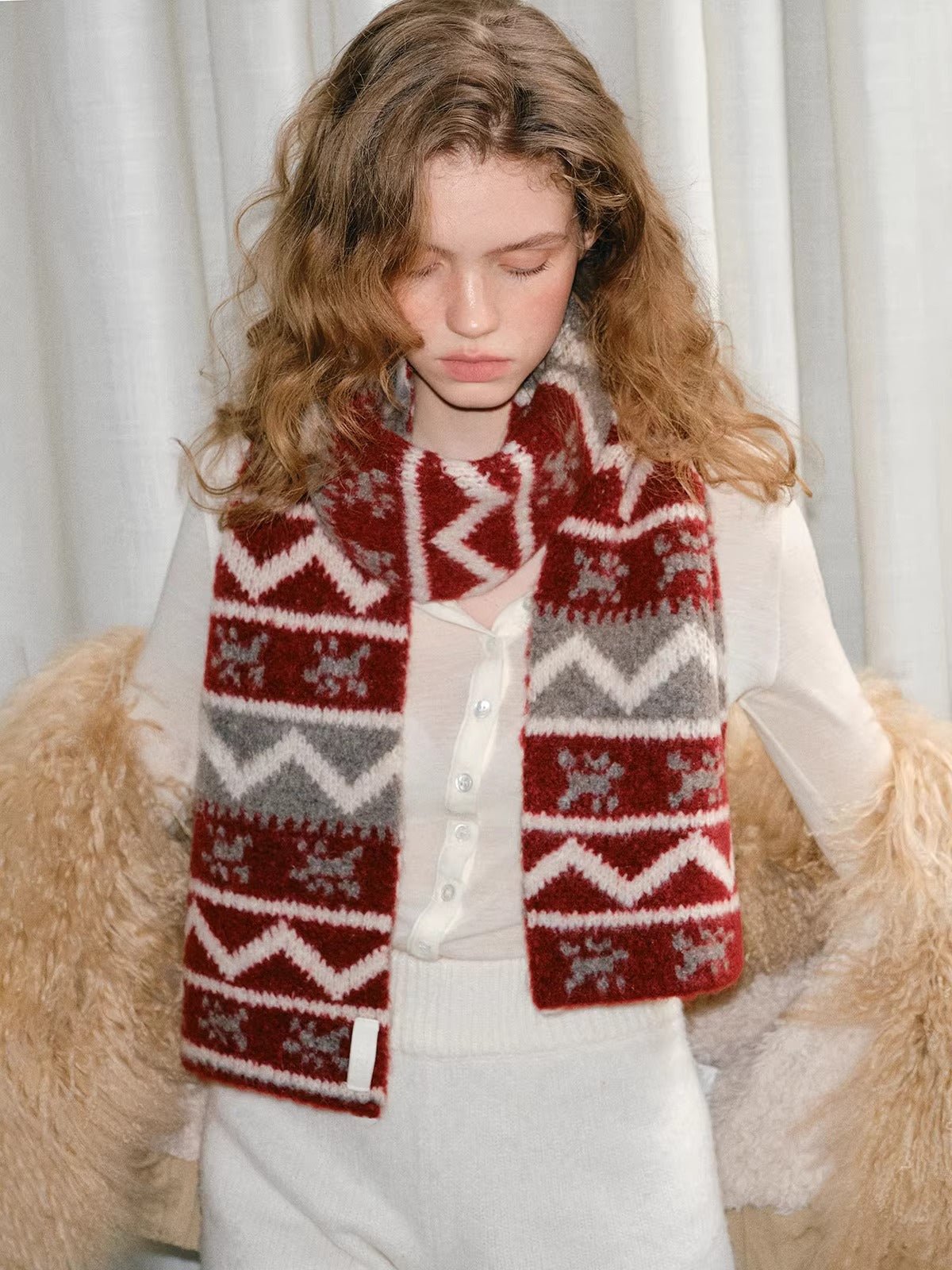 Red Fair Isle Pattern Chunky Knit Holiday Scarf - WEUXS