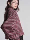 Red plaid drop shoulder cropped button shirt - View 6 | WEUXS