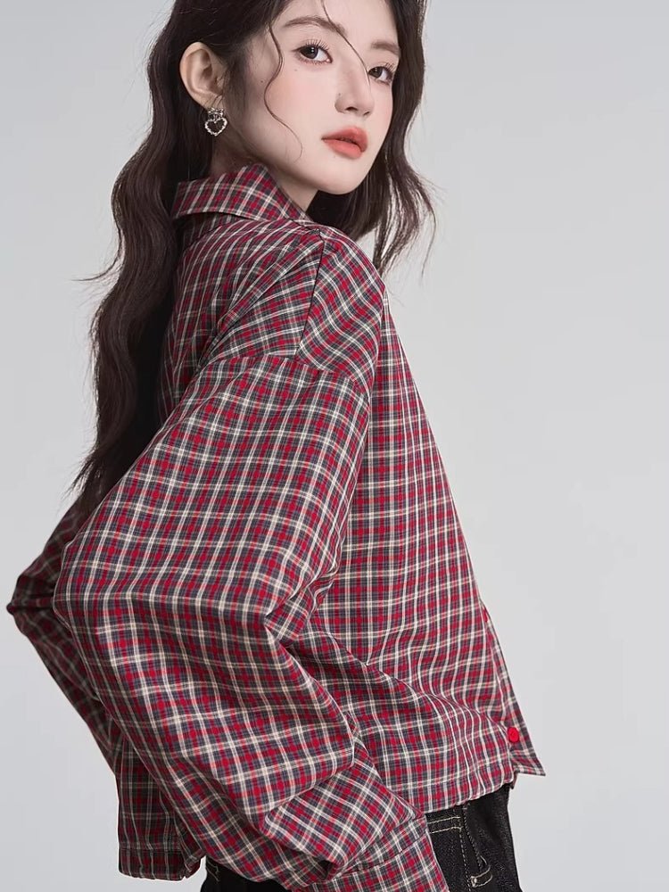 Red plaid drop shoulder cropped button shirt - View 6 | WEUXS