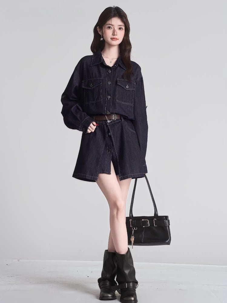 Full body shot of a woman in a dark wash denim shirt dress, brown belt, black boots, and a black handbag.