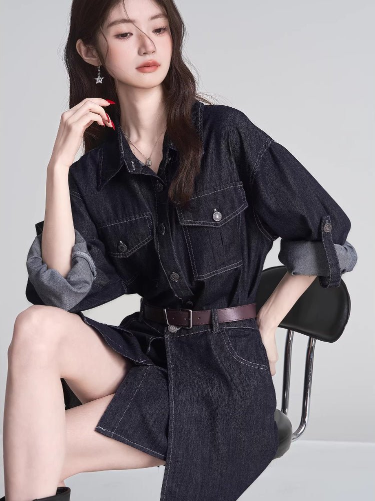 Woman wearing a dark wash denim shirt dress with a brown belt and silver star earrings.