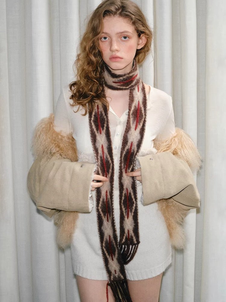Retro Diamond Skinny Scarf Hand - Threaded Brown - WEUXS