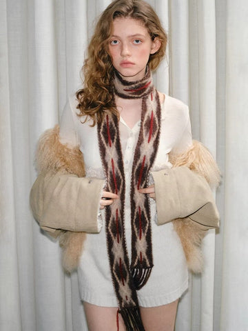 Retro Diamond Skinny Scarf Hand - Threaded Brown - WEUXS