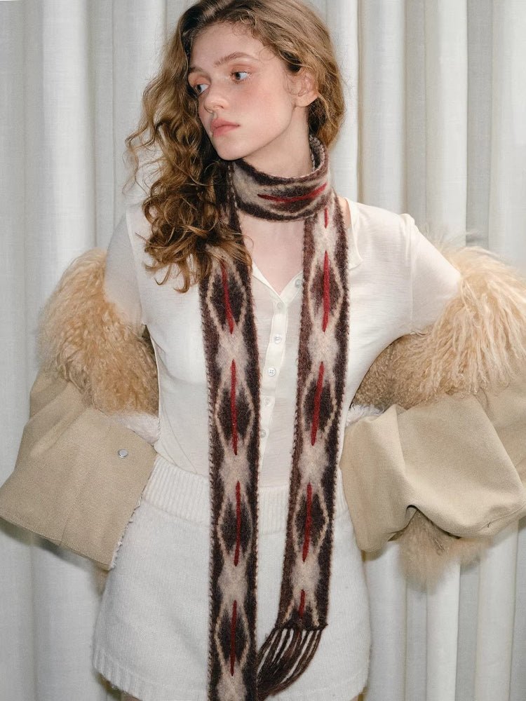 Retro Diamond Skinny Scarf Hand - Threaded Brown - WEUXS