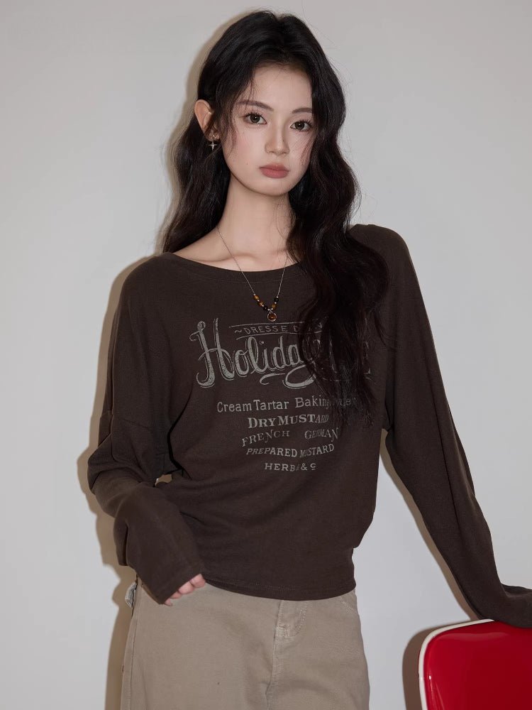 Retro Holiday Graphic Boat Neck Long Sleeve Tee Dark Brown - WEUXS