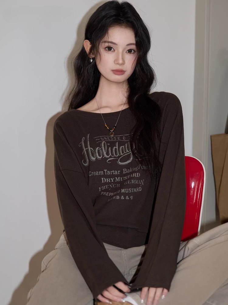 Retro Holiday Graphic Boat Neck Long Sleeve Tee Dark Brown - WEUXS