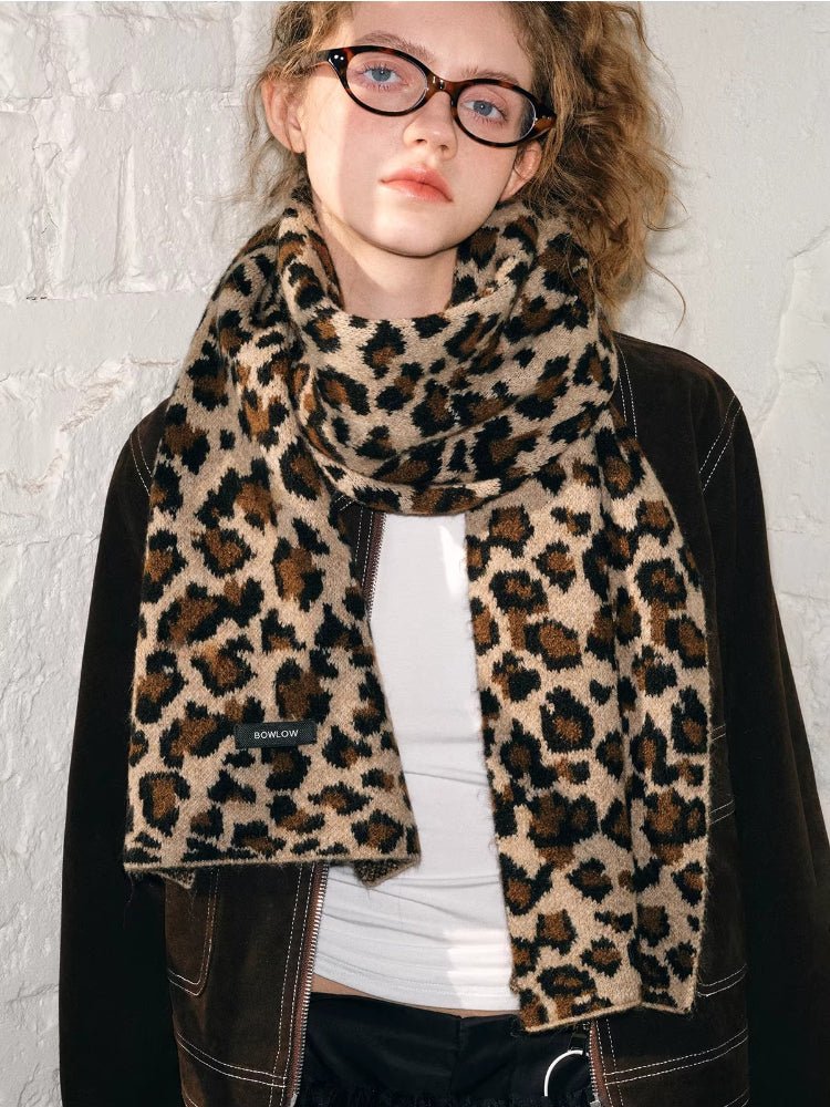 Retro Leopard Print Knit Winter Scarf - WEUXS
