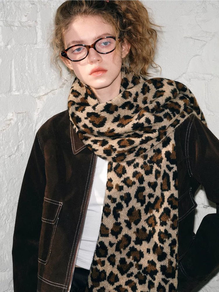 Retro Leopard Print Knit Winter Scarf - WEUXS