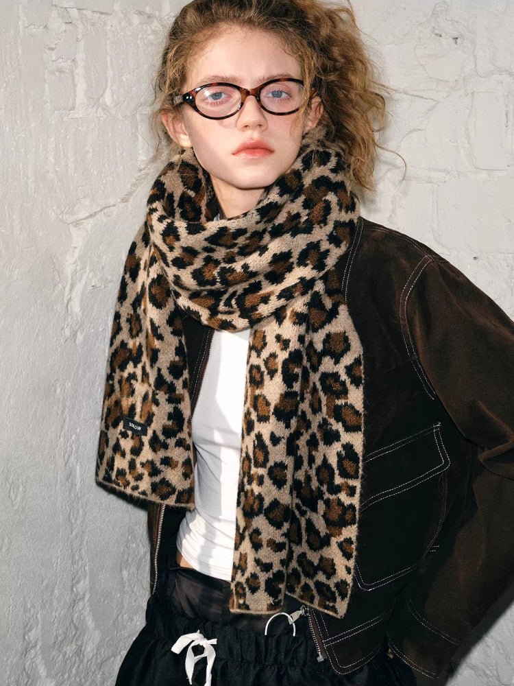 Retro Leopard Print Knit Winter Scarf - WEUXS