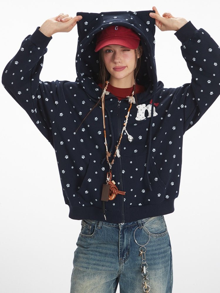 Retro Navy Paw Print Zip - Up Hoodie - WEUXS